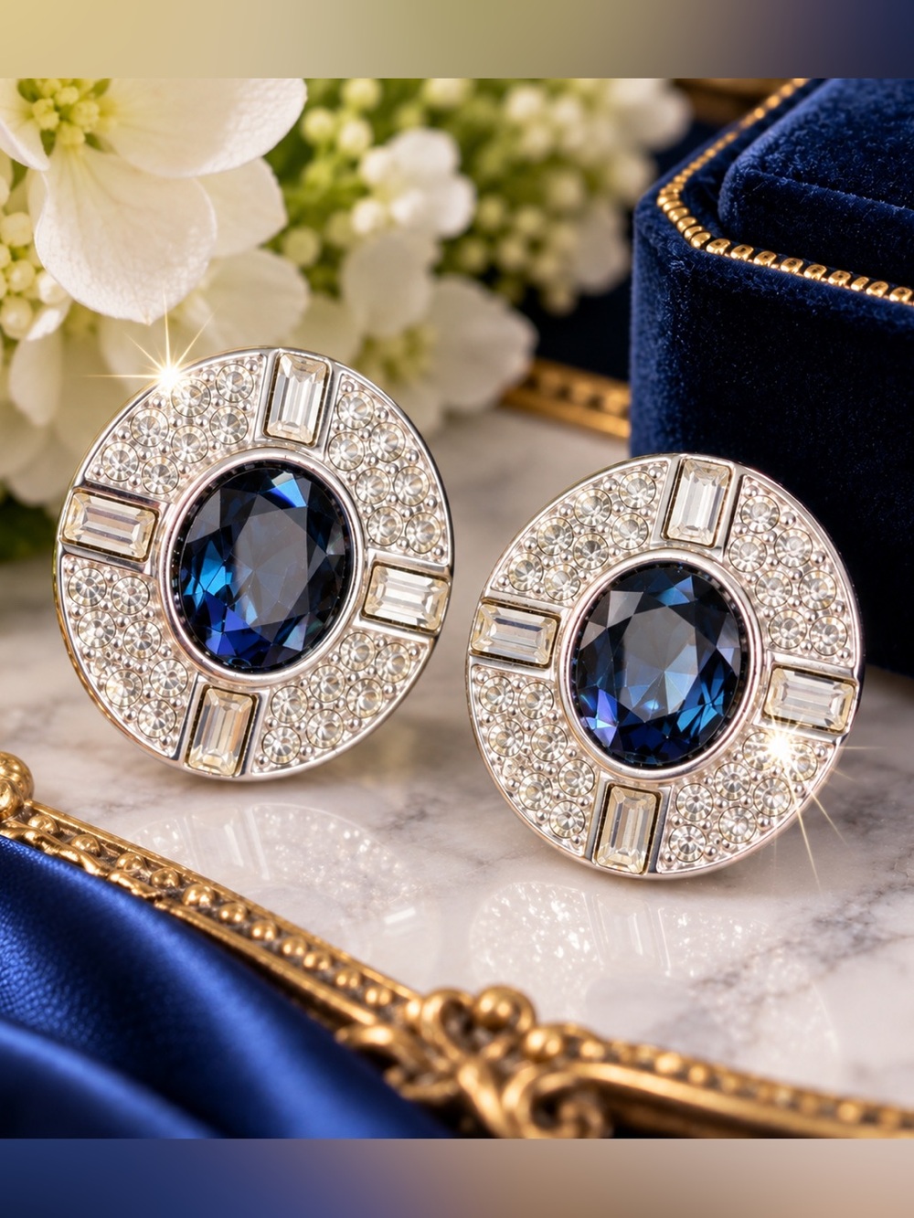 Vtg NAPIER Statement Earrings, Deep Sapphire Blue Faceted Rhinestones & Crystals
